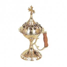 Σκαλιστό Μπρούτζινο Οικιακό Θυμιατό με Ξύλινη Λαβή – 16 cm