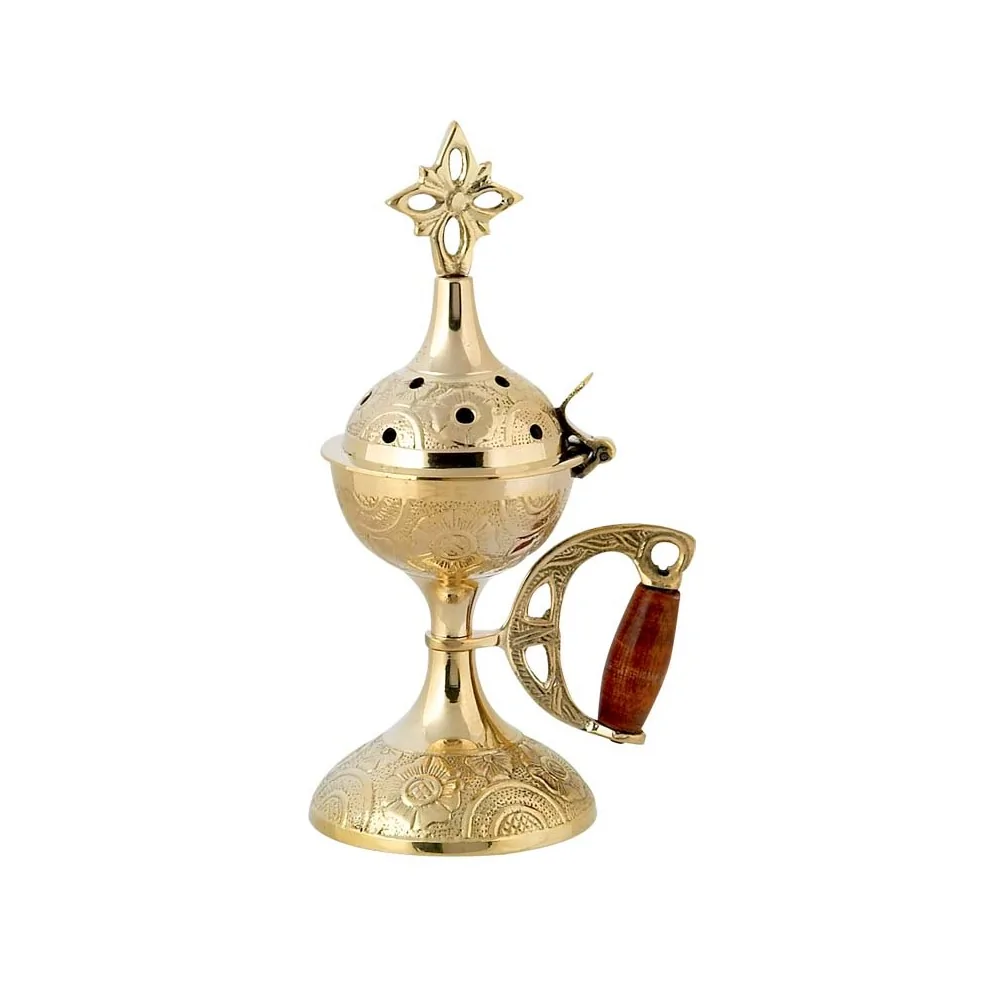 Σκαλιστό Μπρούτζινο Οικιακό Θυμιατό με Ξύλινη Λαβή – 16 cm